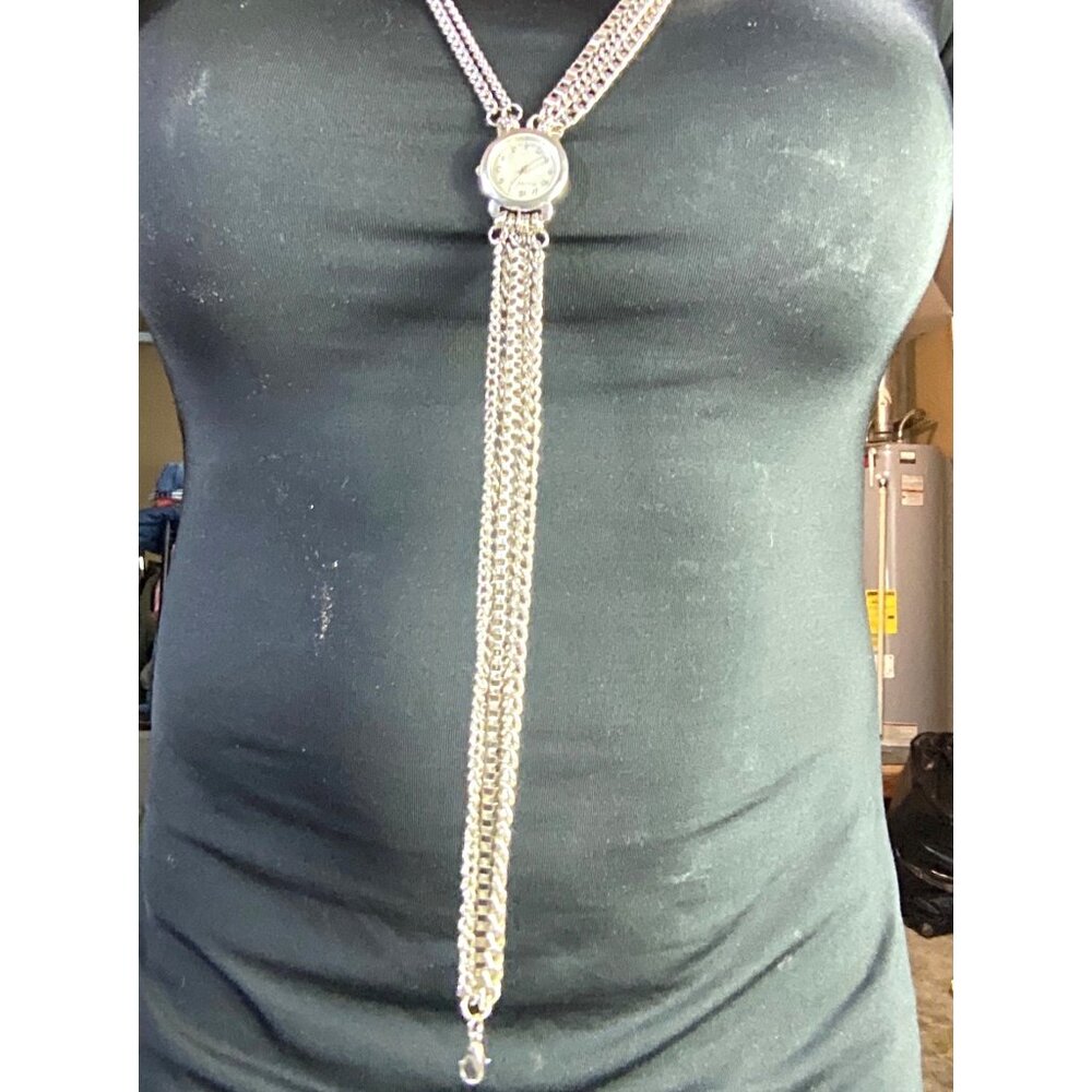 Francescas Multi-Chain Silver Tone Necklace Watch *White Face & Black Numerals